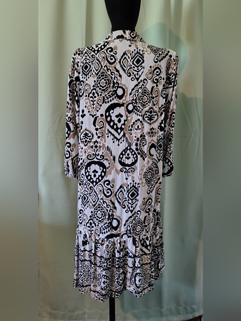 Mlle Gabrielle Black and Beige Printed Tunic Dress Button Up Women Medium NWT - Picture 7 of 10